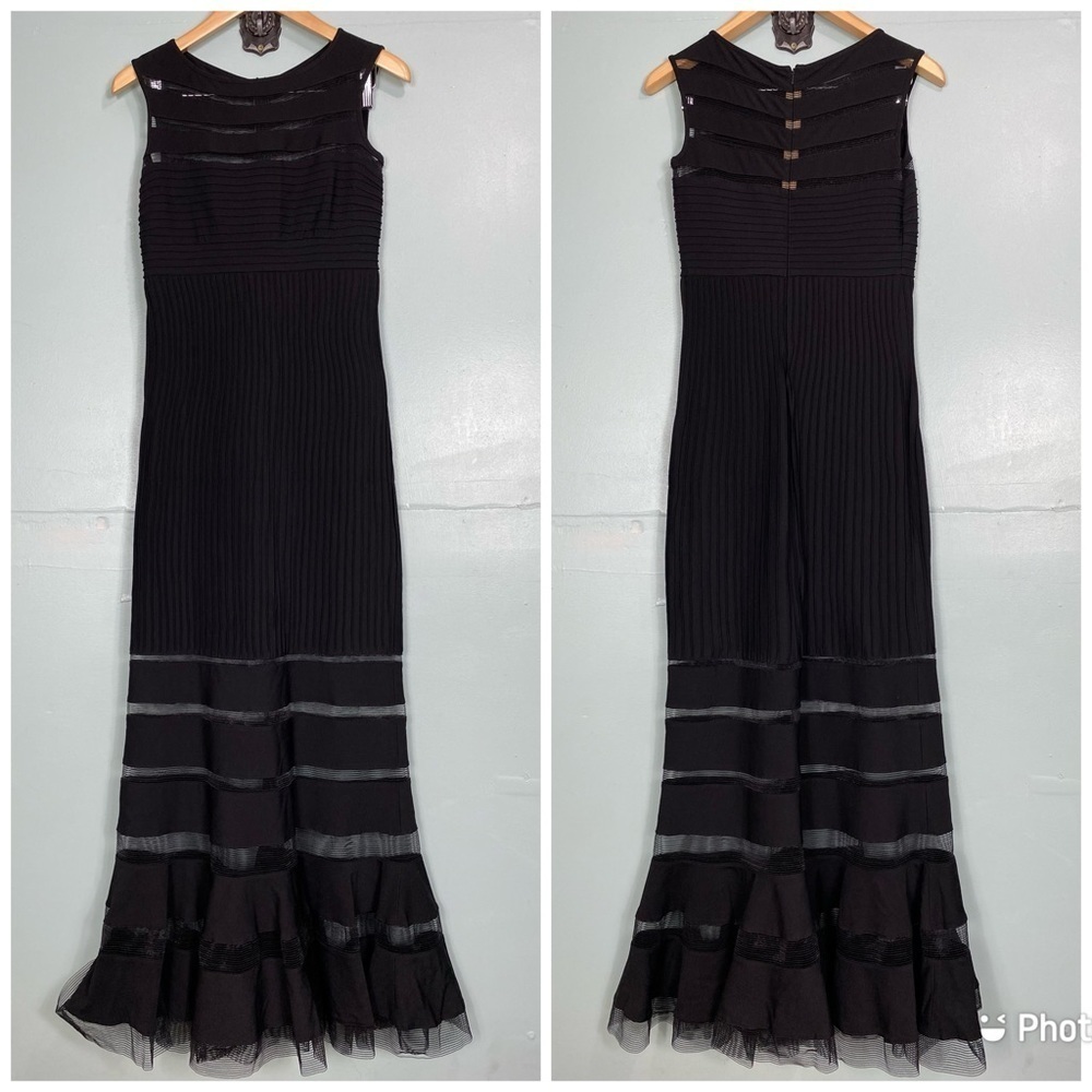 Tadashi Shoji Illushion Mesh Stripe Evening Gown Sz‎ XS Black Maxi